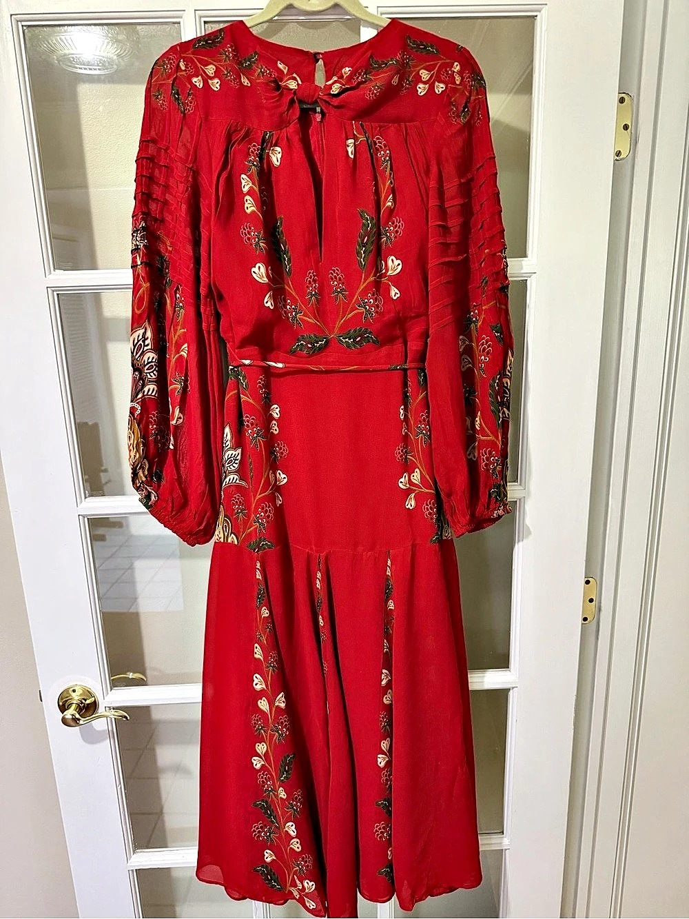 Farm Rio Berry Garden Red Long Sleeve Pleated Maxi Dress Midi Dress Red Large